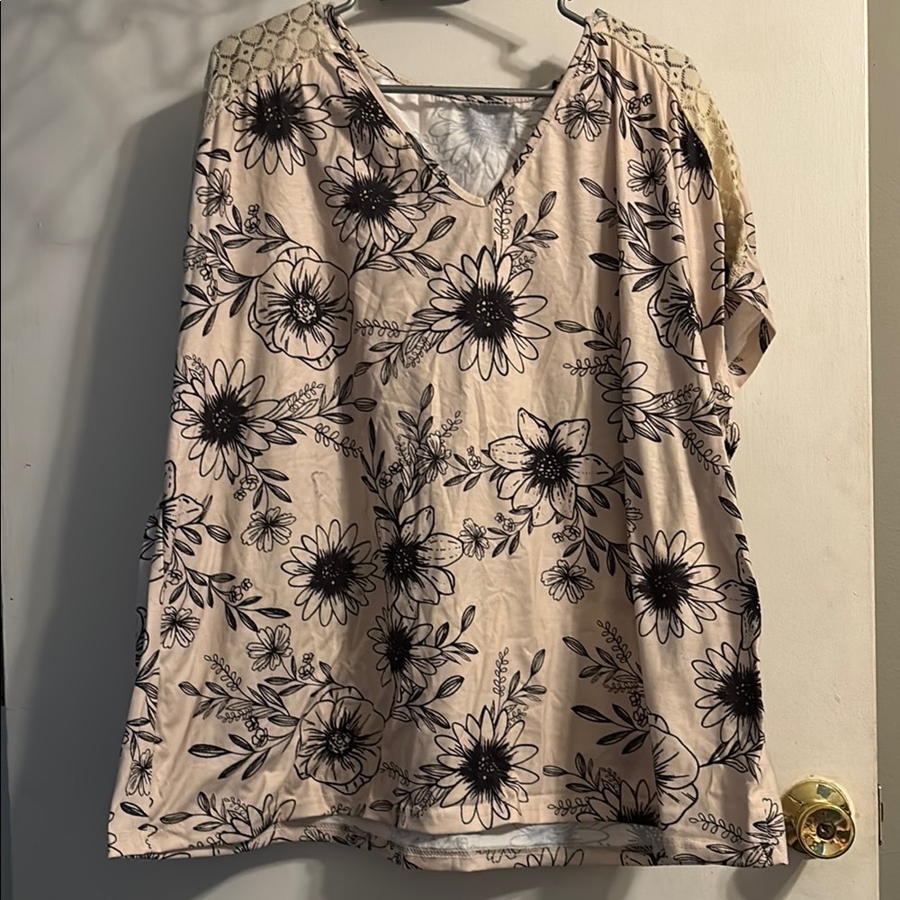 SHEIN Beige and Black Floral V-Neck Blouse